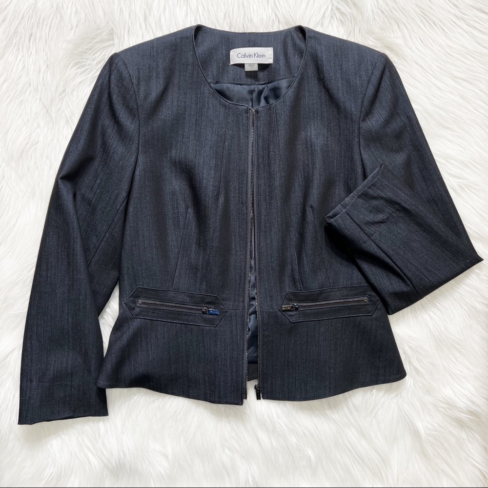 SOLD-Calvin Klein Peplum Zippered Indigo Blue Denim Long Sleeve Blazer Jacket - Picture 4 of 7